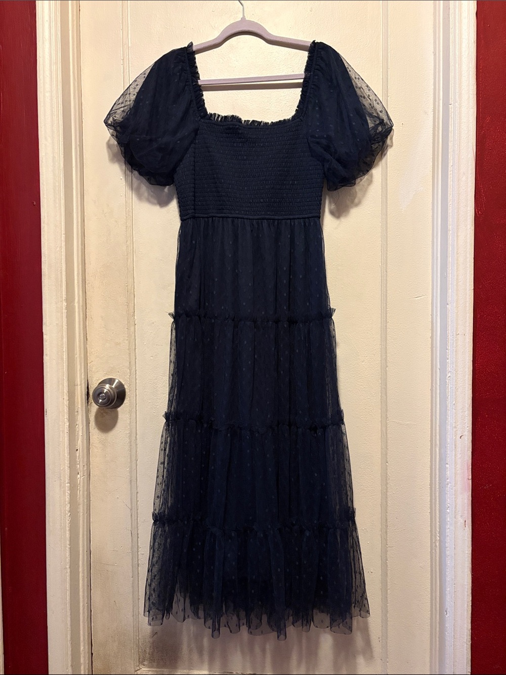 Navy Puff Sleeve Smocked Bodice Midi Dress